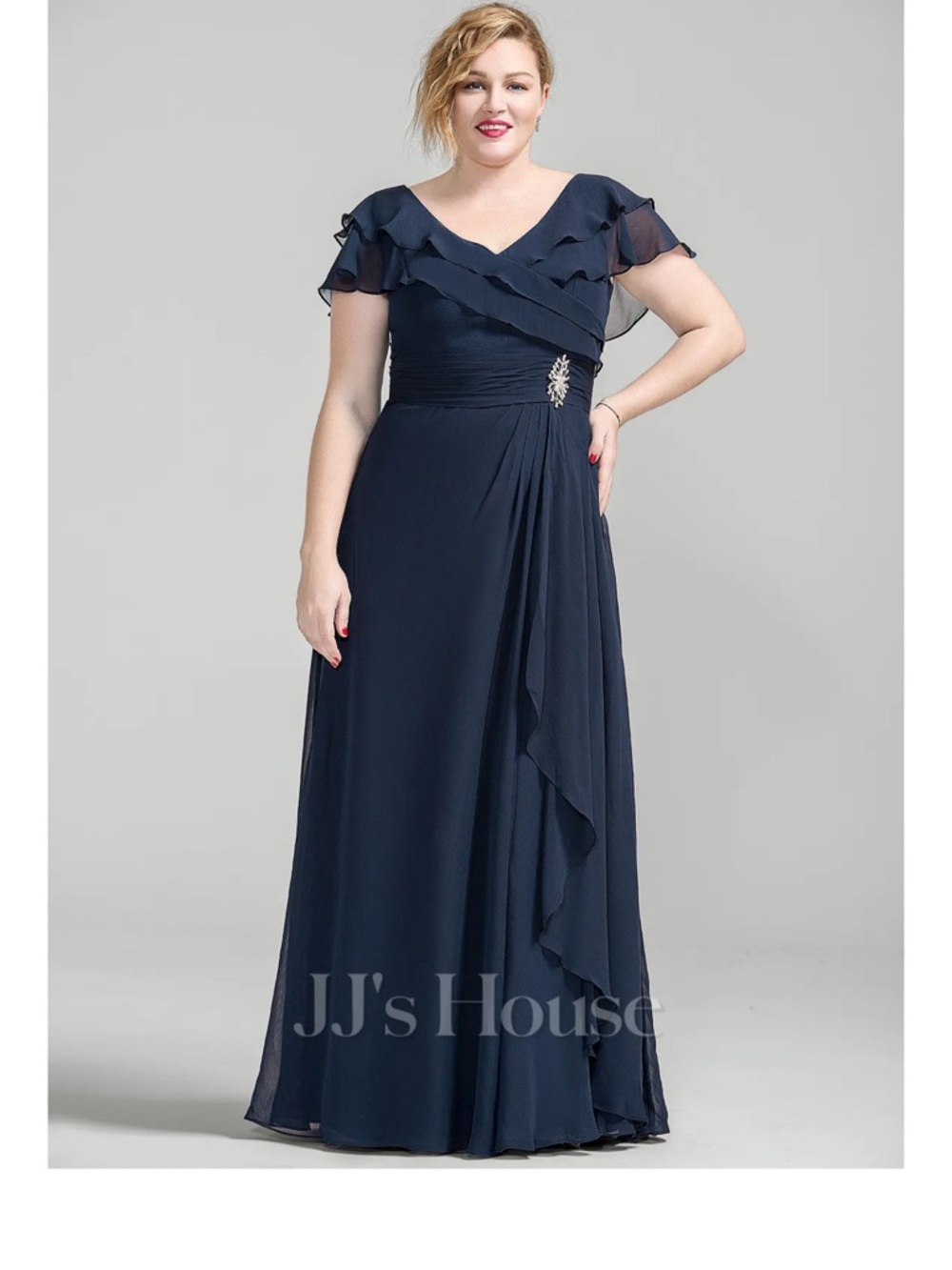 JJs House Navy Ruffled V-Neck Chiffon Evening Gown